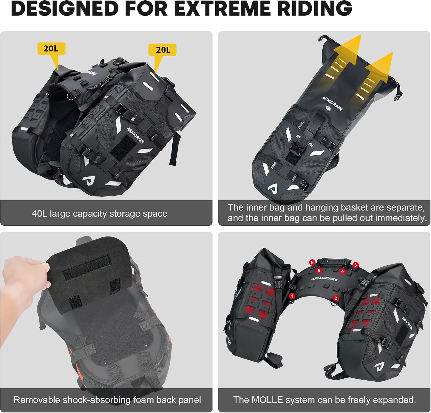Motorcycle Saddlebags Waterproof 40L Rackless Luggage System Base Removable 2026 For Adventure,Riding Gear(20L*2) (Black)